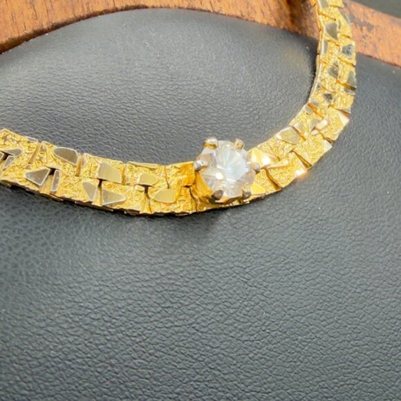 Vintage Gold Tone Textured Nugget Link Necklace Bracelet Set Crystal Accent - Picture 4 of 12